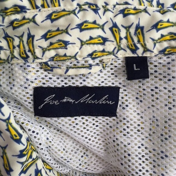 Joe Marlin Mens Large Short-Sleeve Button-Up Shirt Marlin Fish Print Yellow Blue - Picture 4 of 8